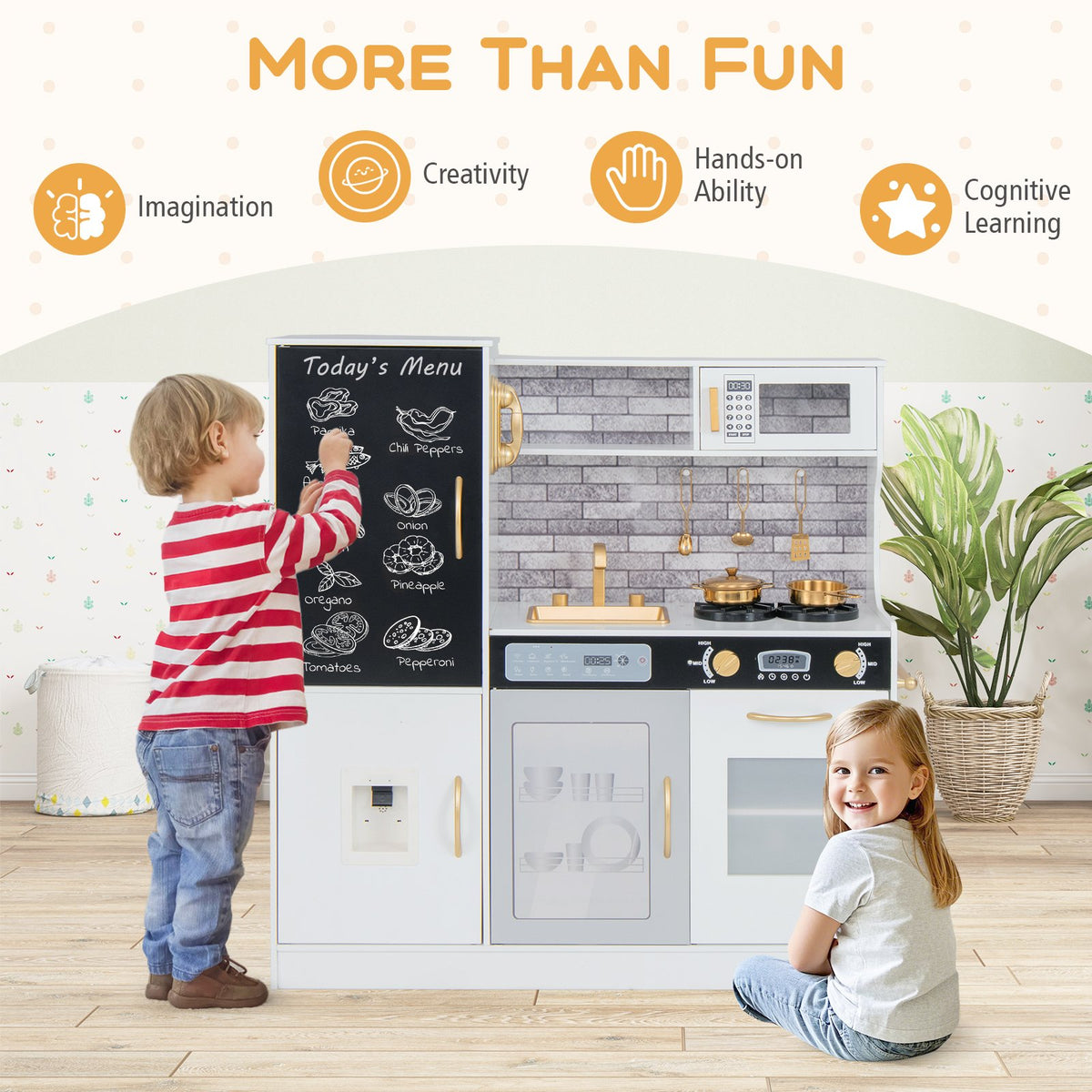Pretend Play Kitchen with Utensils for Kids Aged 3+-White view 8
