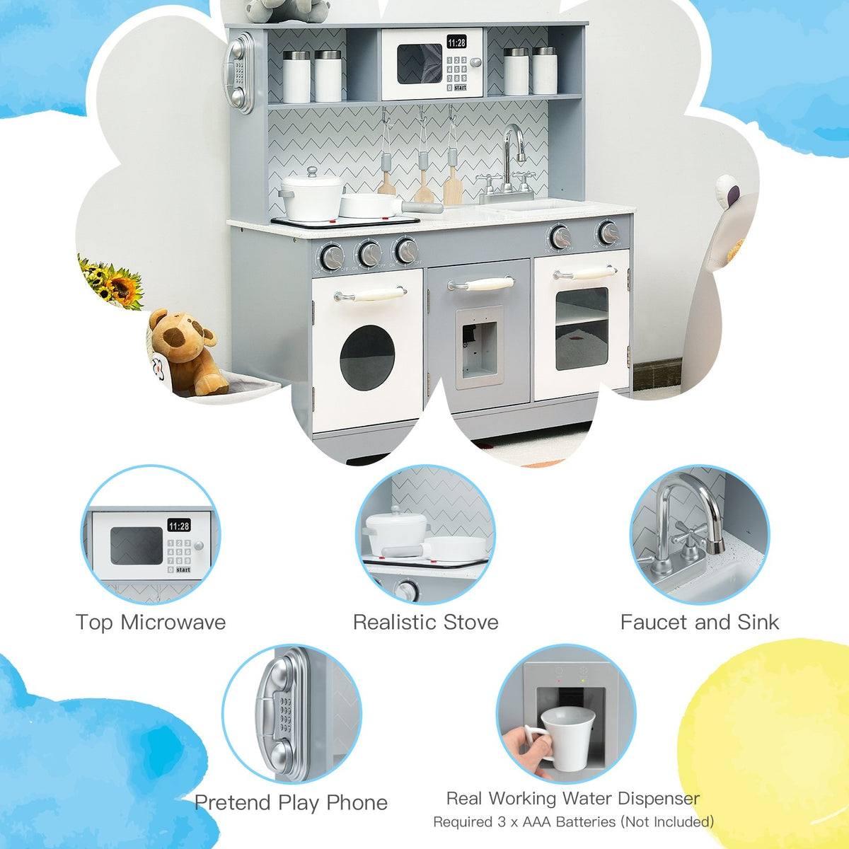 Pretend Play Kitchen Wooden Toy Set for Kids with Realistic Light and Sound view 7
