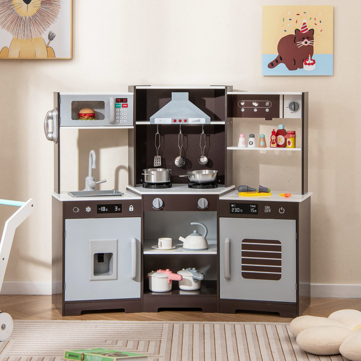 Pretend Play Kitchen Wooden Toy Set with Range Hood Real Sounds and Lights-Brown view 2
