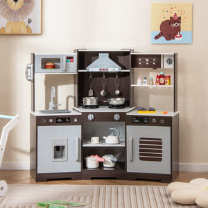 Pretend Play Kitchen Wooden Toy Set with Range Hood Real Sounds and Lights-Brown view 2