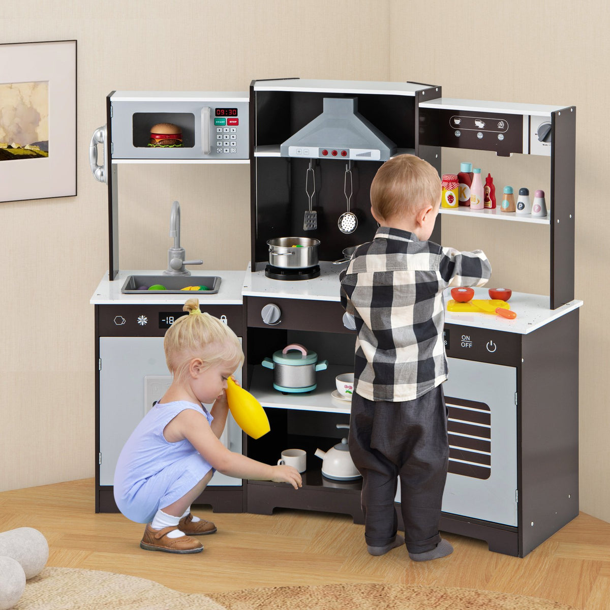 Pretend Play Kitchen Wooden Toy Set with Range Hood Real Sounds and Lights-Brown view 3