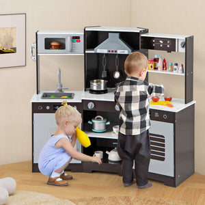 Pretend Play Kitchen Wooden Toy Set with Range Hood Real Sounds and Lights-Brown view 3