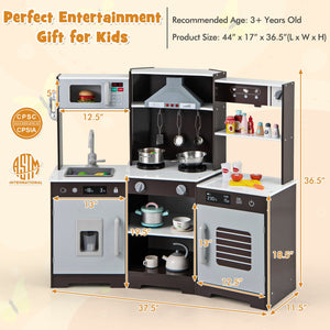 Pretend Play Kitchen Wooden Toy Set with Range Hood Real Sounds and Lights-Brown view 4