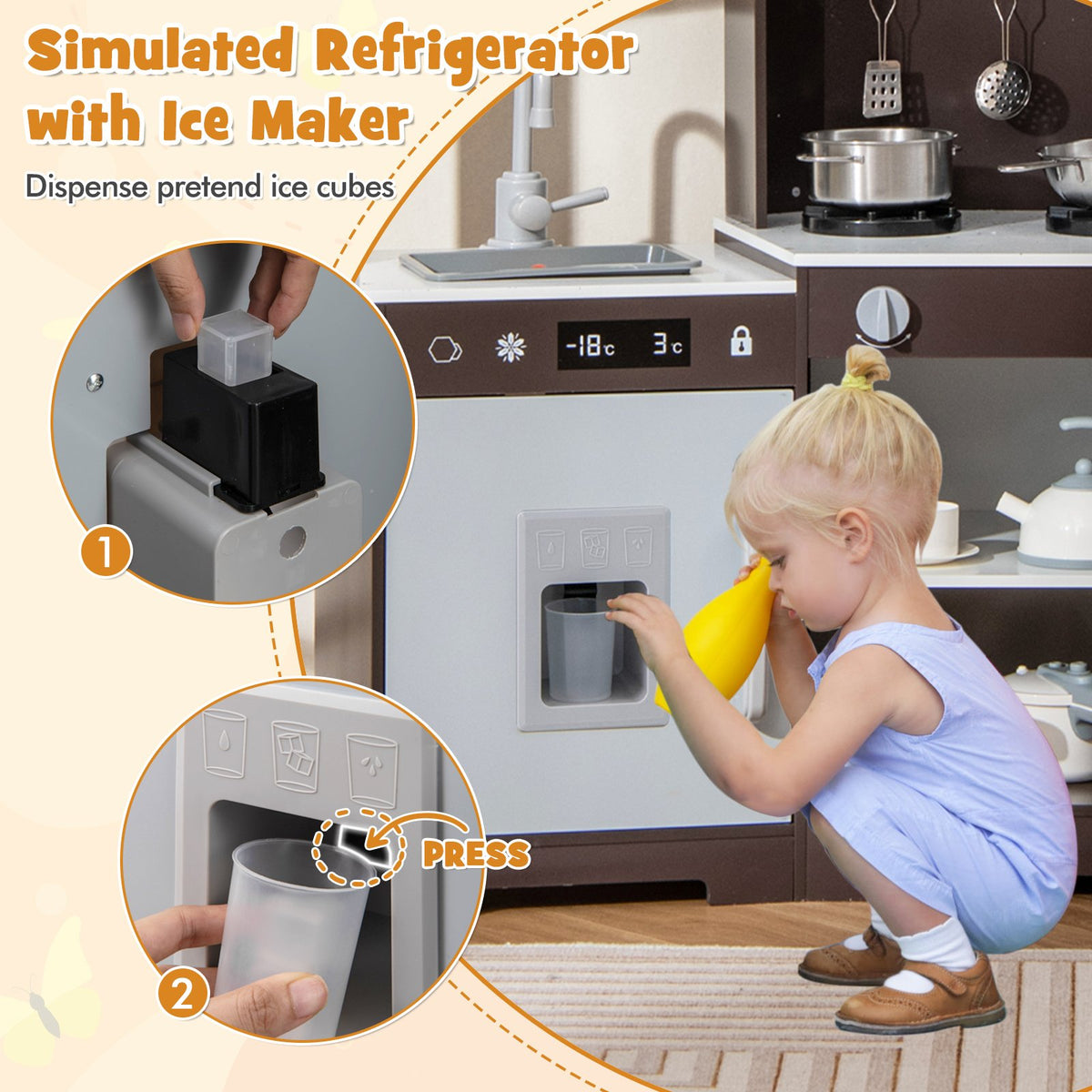 Pretend Play Kitchen Wooden Toy Set with Range Hood Real Sounds and Lights-Brown view 6