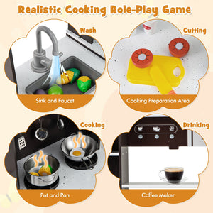 Pretend Play Kitchen Wooden Toy Set with Range Hood Real Sounds and Lights-Brown view 7