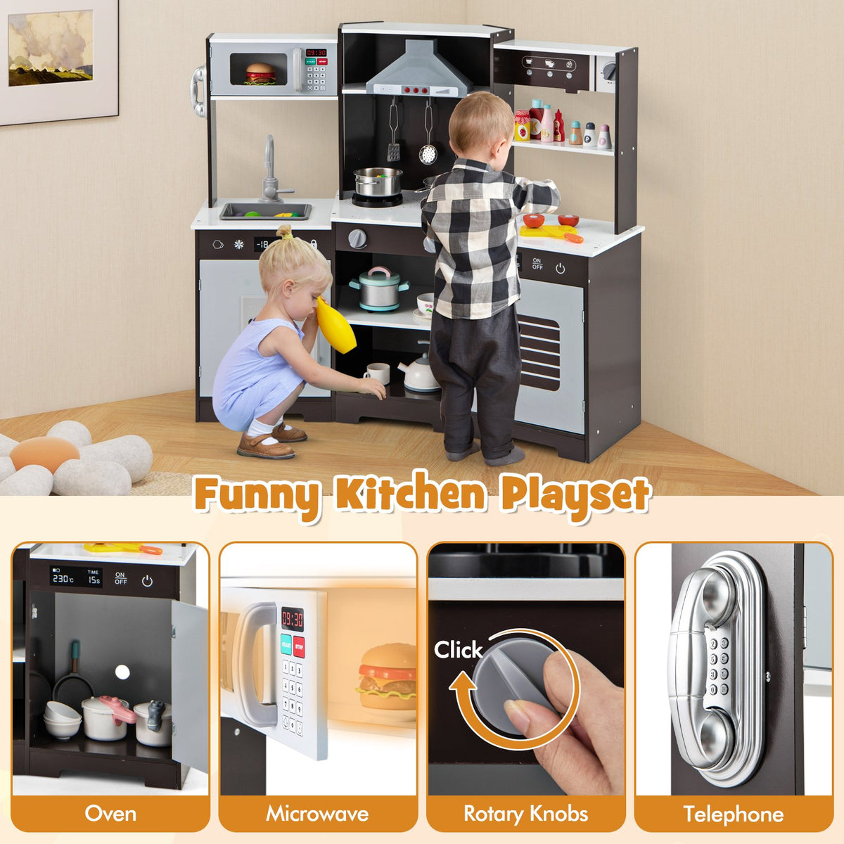 Pretend Play Kitchen Wooden Toy Set with Range Hood Real Sounds and Lights-Brown view 8