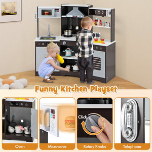 Pretend Play Kitchen Wooden Toy Set with Range Hood Real Sounds and Lights-Brown view 8