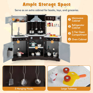 Pretend Play Kitchen Wooden Toy Set with Range Hood Real Sounds and Lights-Brown view 9