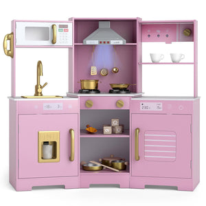 Pretend Play Kitchen Wooden Toy Set with Range Hood Real Sounds and Lights-Pink