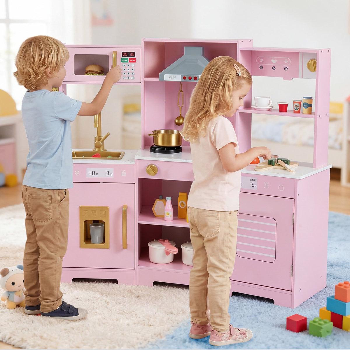 Pretend Play Kitchen Wooden Toy Set with Range Hood Real Sounds and Lights-Pink view 2