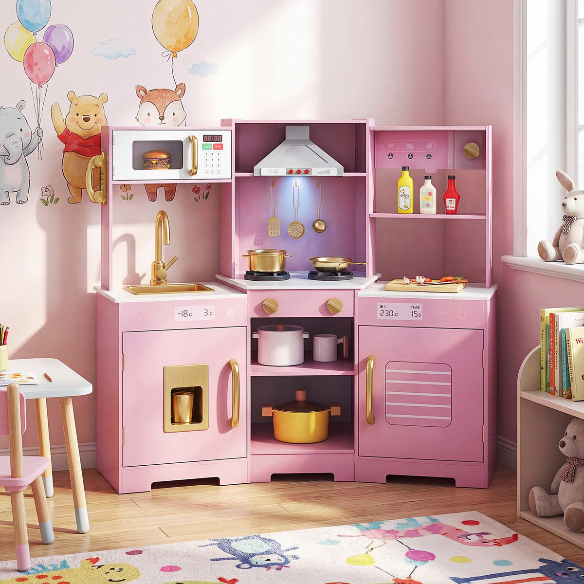 Pretend Play Kitchen Wooden Toy Set with Range Hood Real Sounds and Lights-Pink view 3