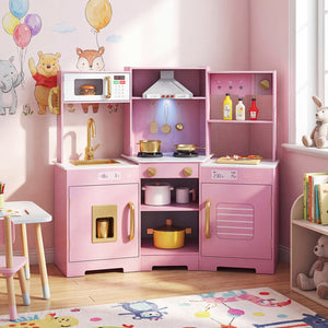 Pretend Play Kitchen Wooden Toy Set with Range Hood Real Sounds and Lights-Pink view 3