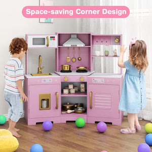 Pretend Play Kitchen Wooden Toy Set with Range Hood Real Sounds and Lights-Pink view 5