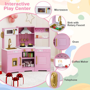 Pretend Play Kitchen Wooden Toy Set with Range Hood Real Sounds and Lights-Pink view 6
