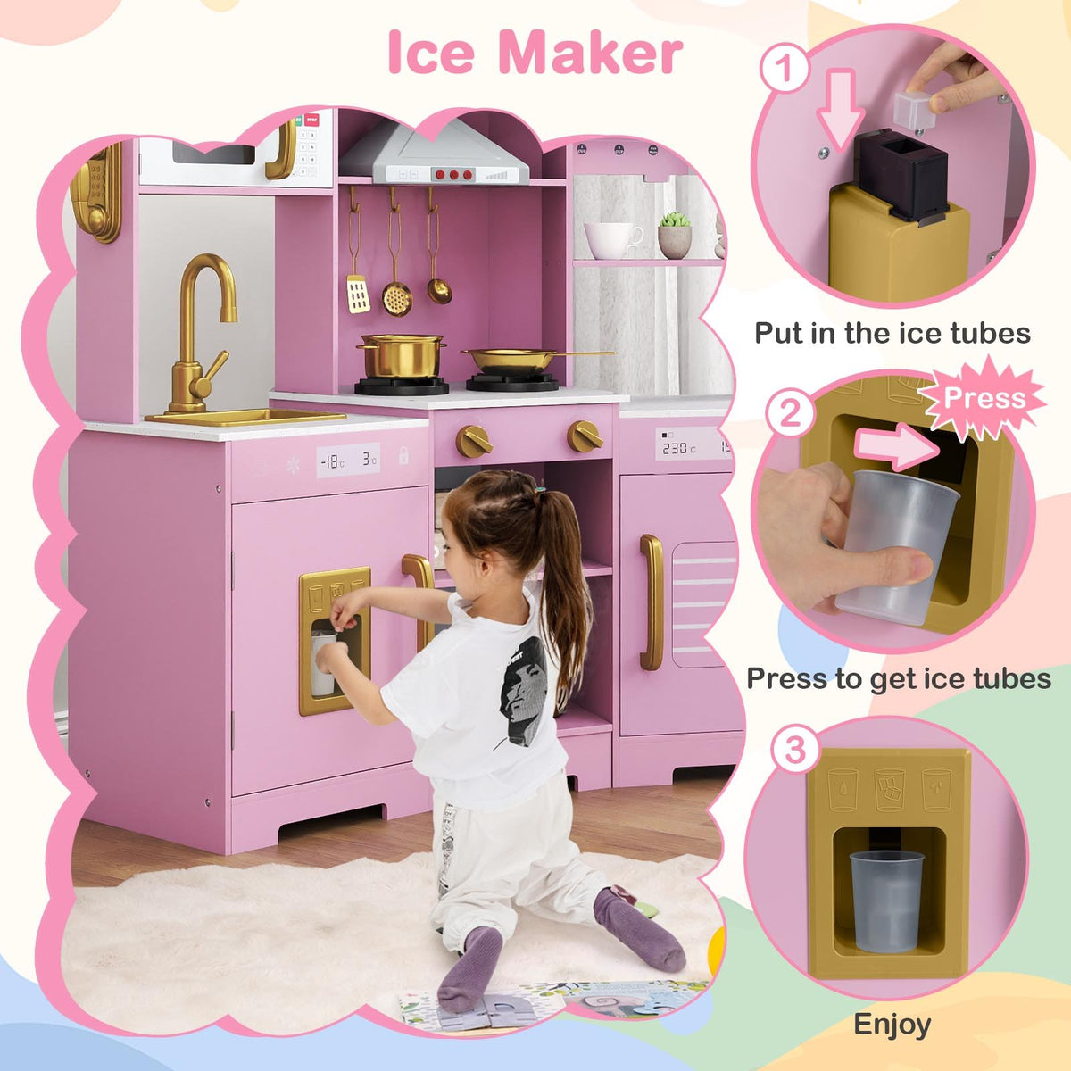 Pretend Play Kitchen Wooden Toy Set with Range Hood Real Sounds and Lights-Pink view 8