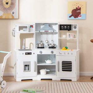 Pretend Play Kitchen Wooden Toy Set with Range Hood Real Sounds and Lights-White view 2