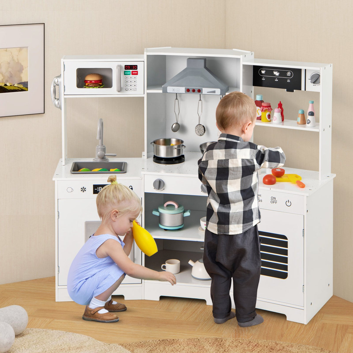Pretend Play Kitchen Wooden Toy Set with Range Hood Real Sounds and Lights-White view 3