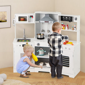 Pretend Play Kitchen Wooden Toy Set with Range Hood Real Sounds and Lights-White view 3