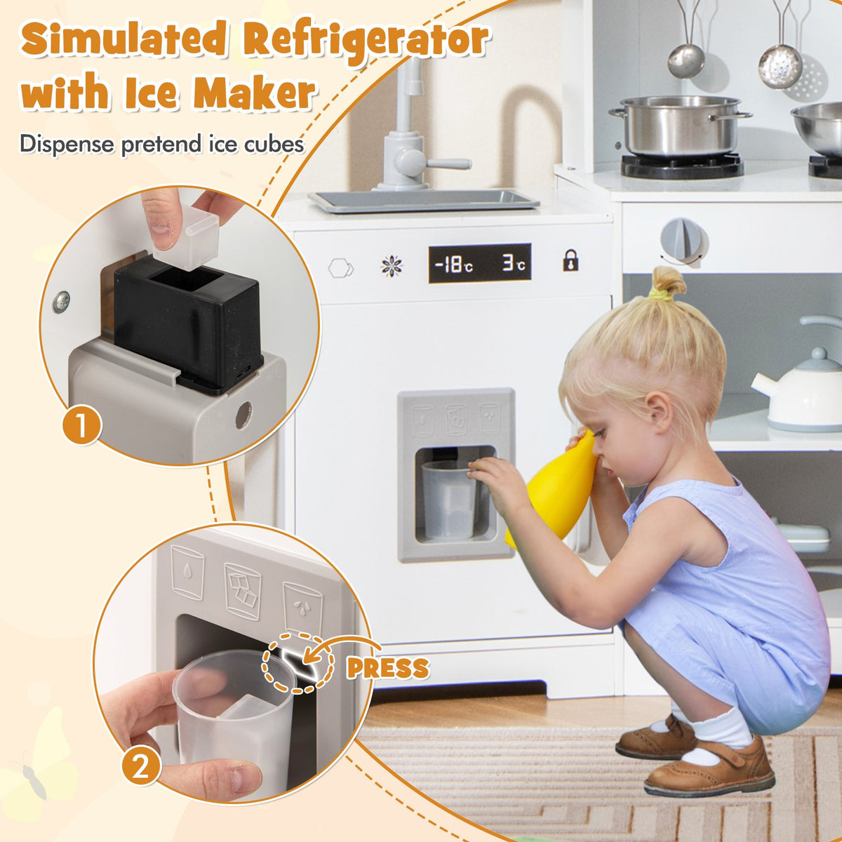 Pretend Play Kitchen Wooden Toy Set with Range Hood Real Sounds and Lights-White view 6