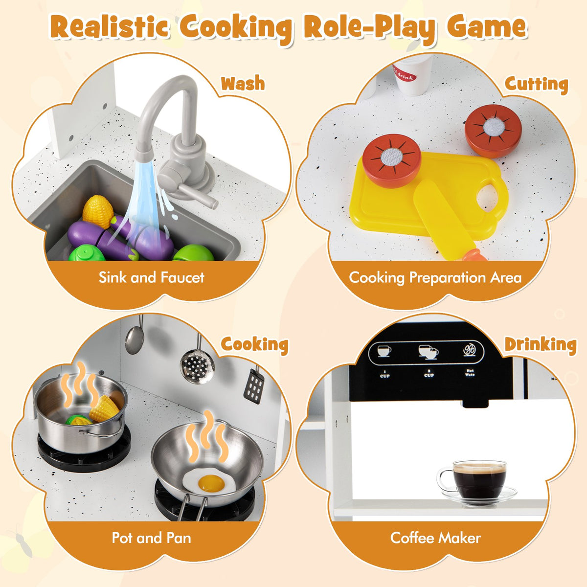 Pretend Play Kitchen Wooden Toy Set with Range Hood Real Sounds and Lights-White view 7