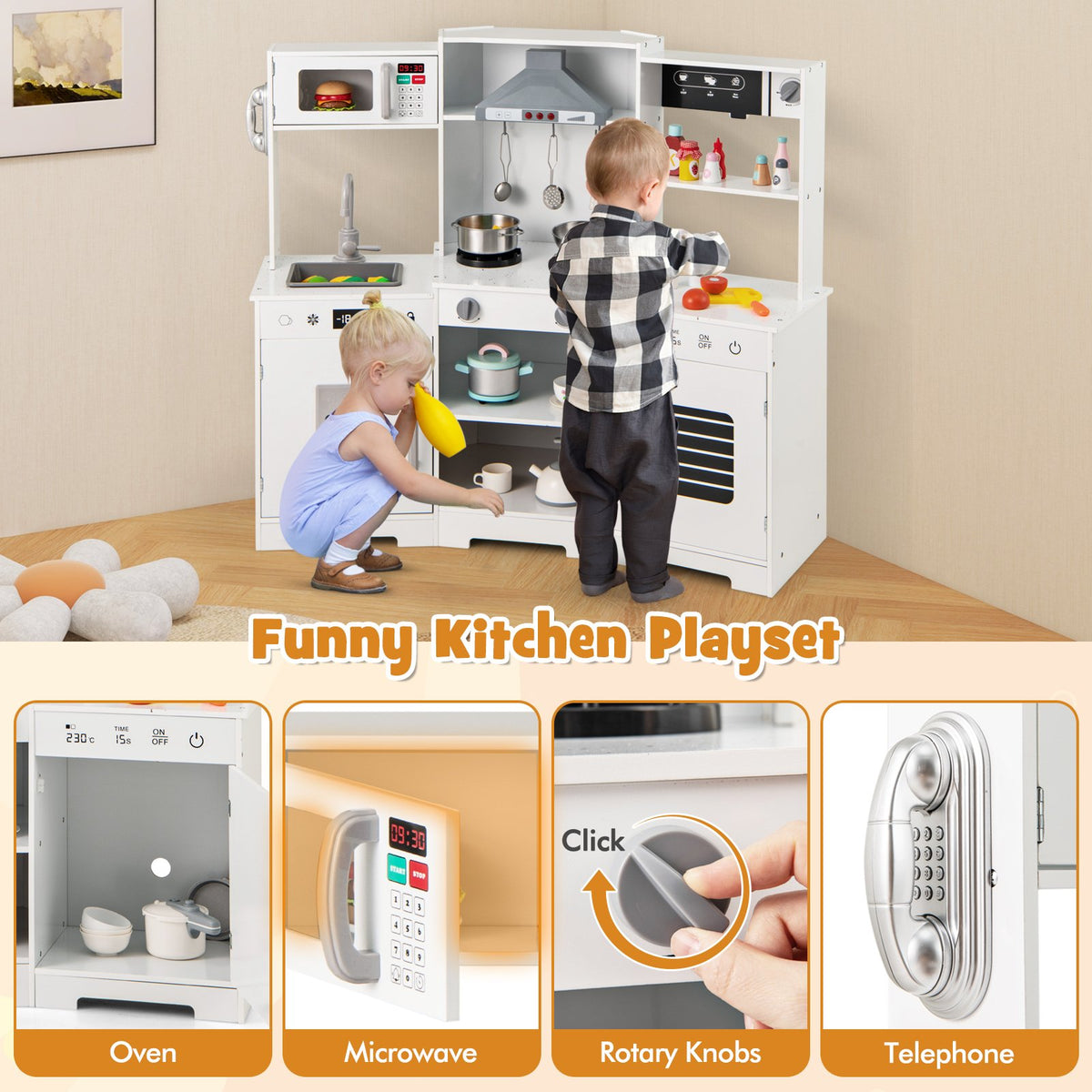 Pretend Play Kitchen Wooden Toy Set with Range Hood Real Sounds and Lights-White view 8
