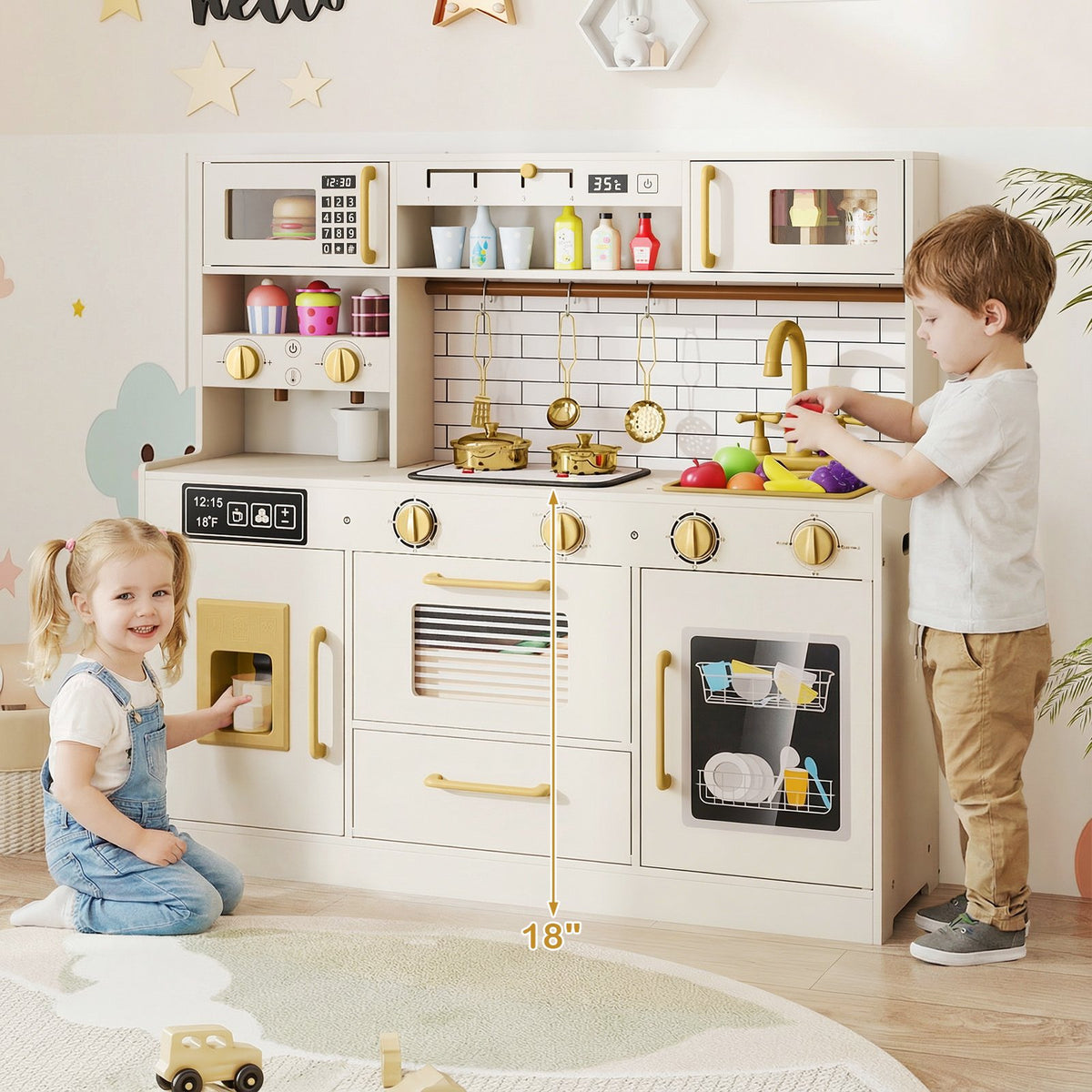 Pretend Toy Kitchen Set with Stoves and Water Dispenser-Beige view 2