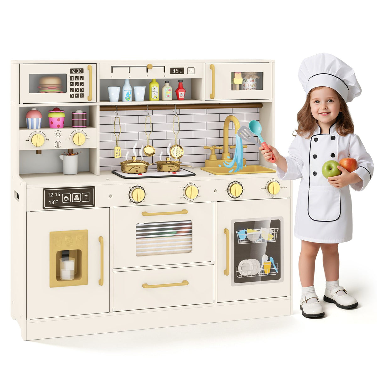Pretend Toy Kitchen Set with Stoves and Water Dispenser-Beige view 4