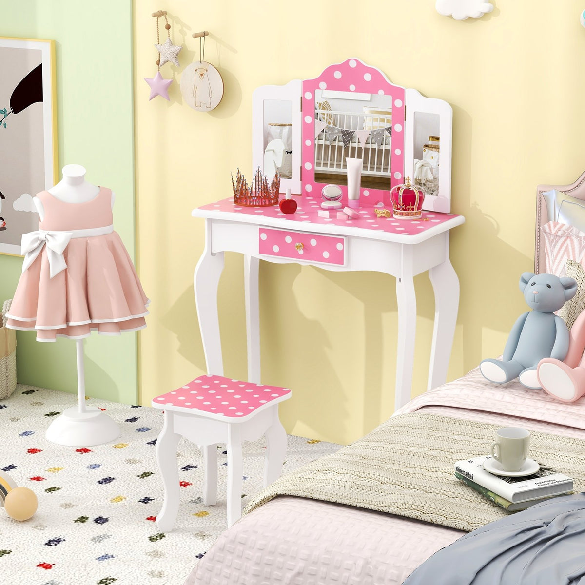 Princess Pretend Play Makeup Dressing Table with Cute Polka Dot Print-Pink view 2
