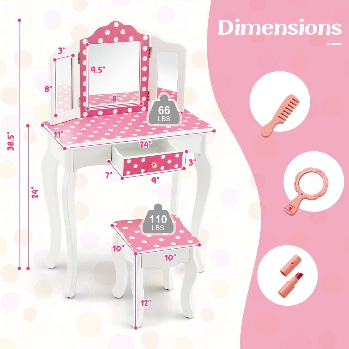 Princess Pretend Play Makeup Dressing Table with Cute Polka Dot Print-Pink view 5