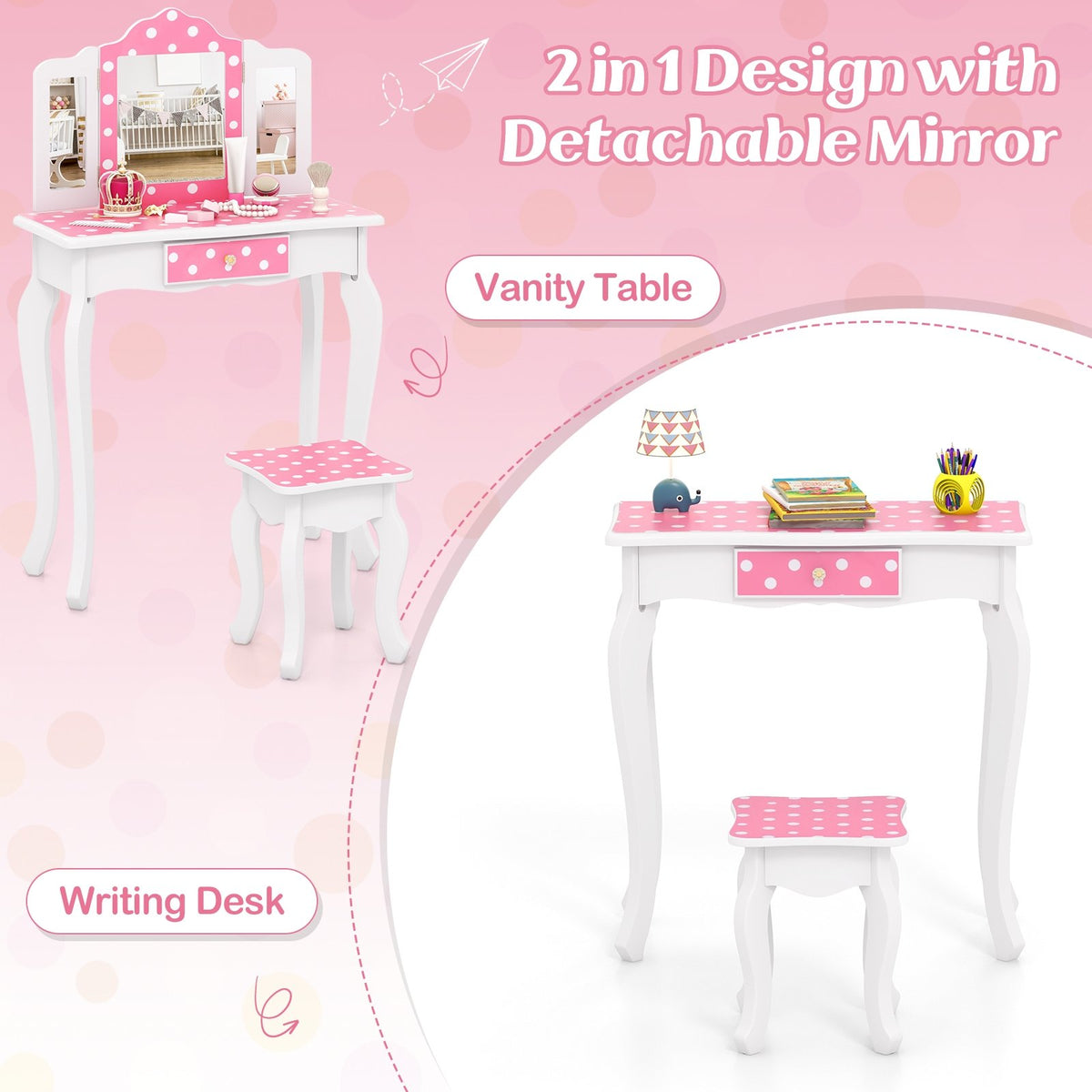 Princess Pretend Play Makeup Dressing Table with Cute Polka Dot Print-Pink view 8