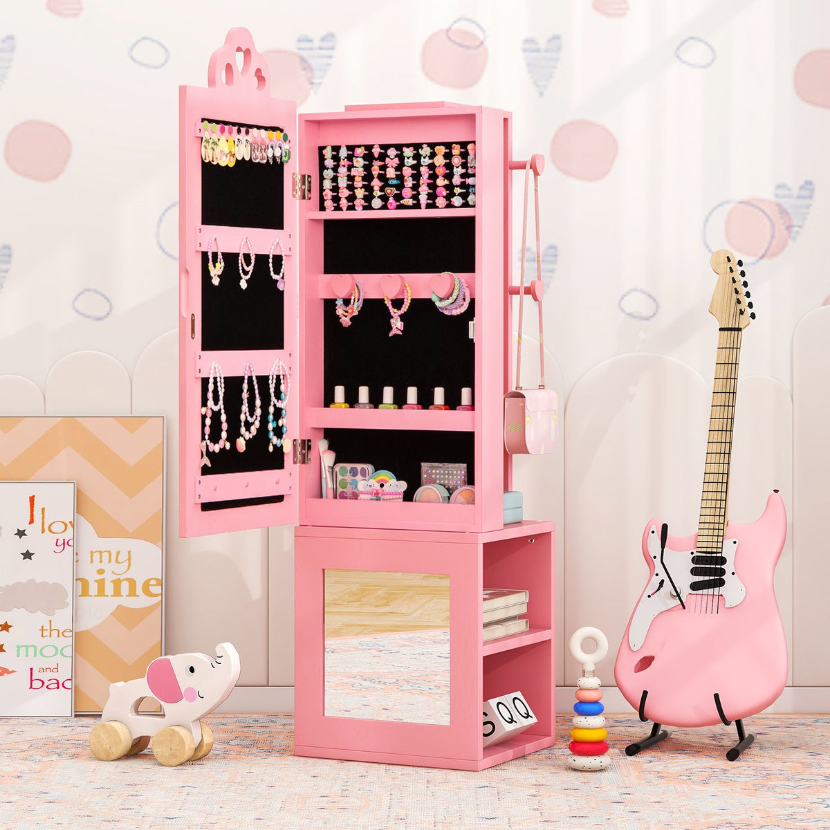 Princess Vanity Table and Stool Set Freestanding Jewelry Cabinet Armoire with Full-Length Mirror-Pink view 2