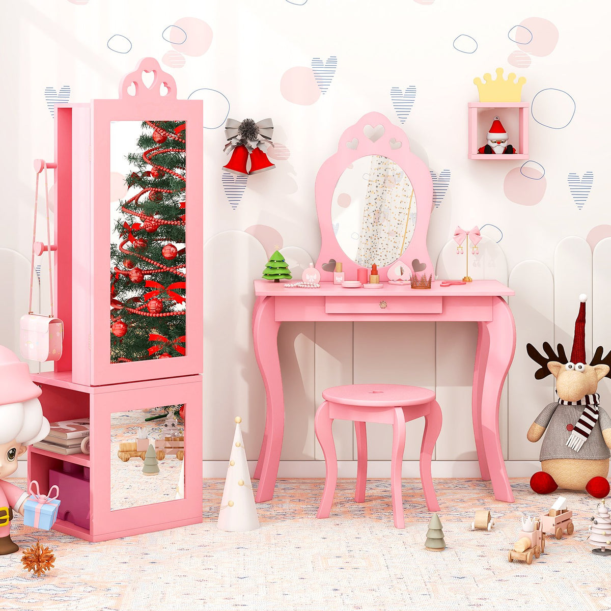 Princess Vanity Table and Stool Set Freestanding Jewelry Cabinet Armoire with Full-Length Mirror-Pink view 3