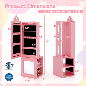 Princess Vanity Table and Stool Set Freestanding Jewelry Cabinet Armoire with Full-Length Mirror-Pink view 4