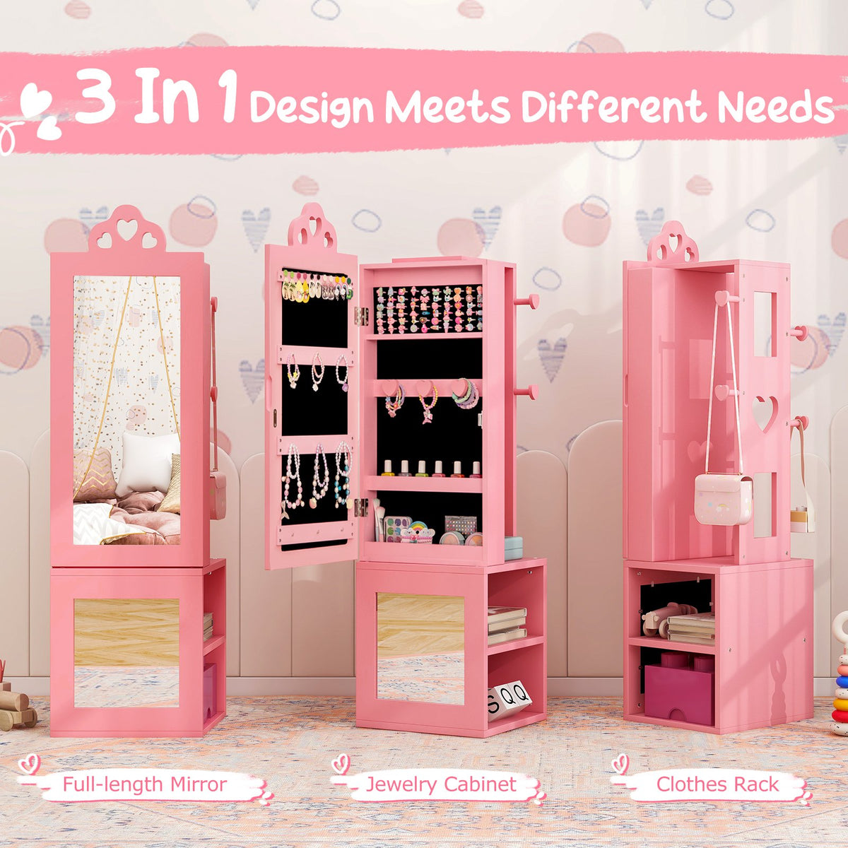 Princess Vanity Table and Stool Set Freestanding Jewelry Cabinet Armoire with Full-Length Mirror-Pink view 6