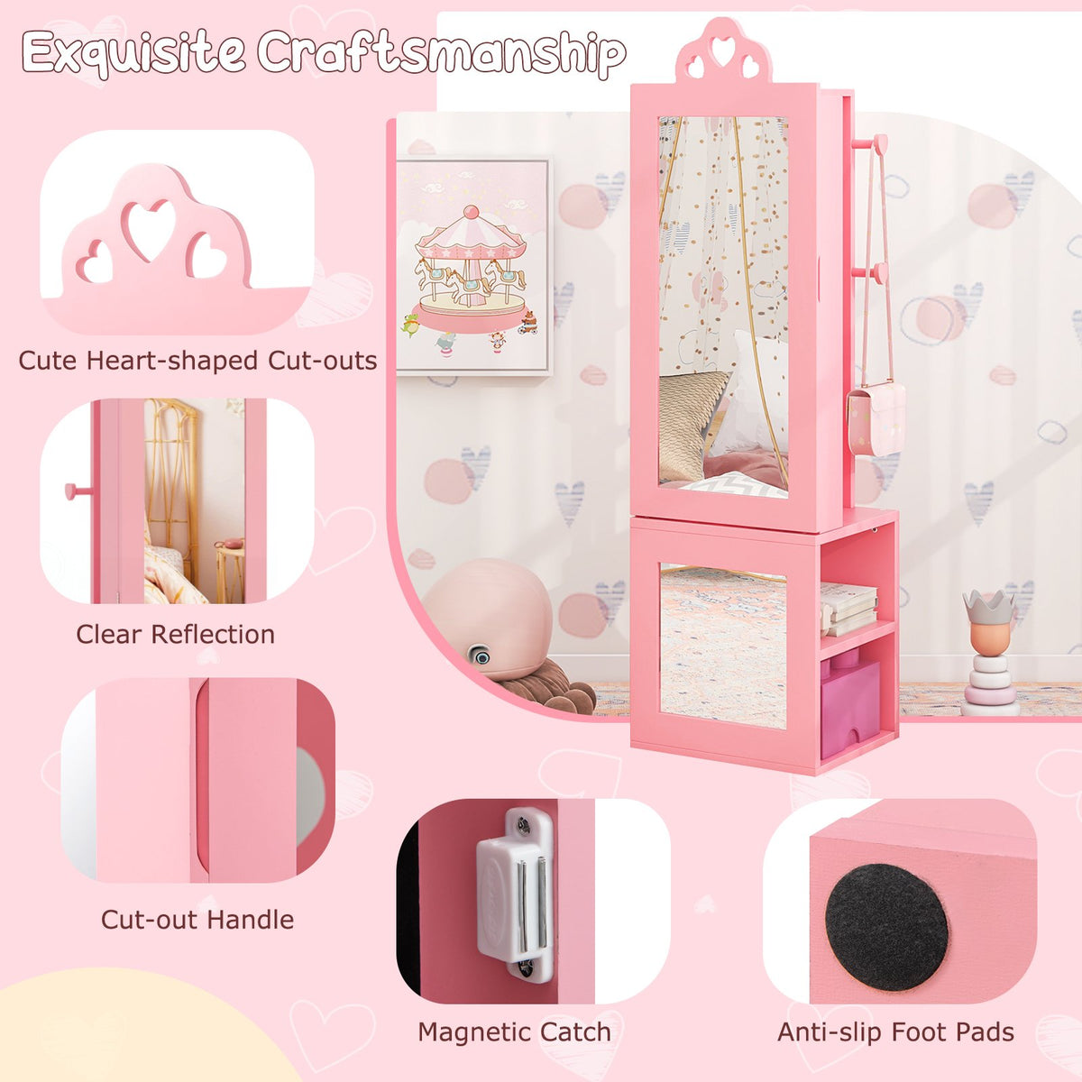 Princess Vanity Table and Stool Set Freestanding Jewelry Cabinet Armoire with Full-Length Mirror-Pink view 7
