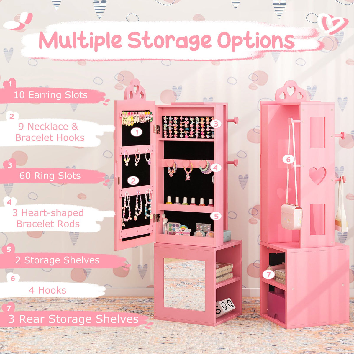 Princess Vanity Table and Stool Set Freestanding Jewelry Cabinet Armoire with Full-Length Mirror-Pink view 8