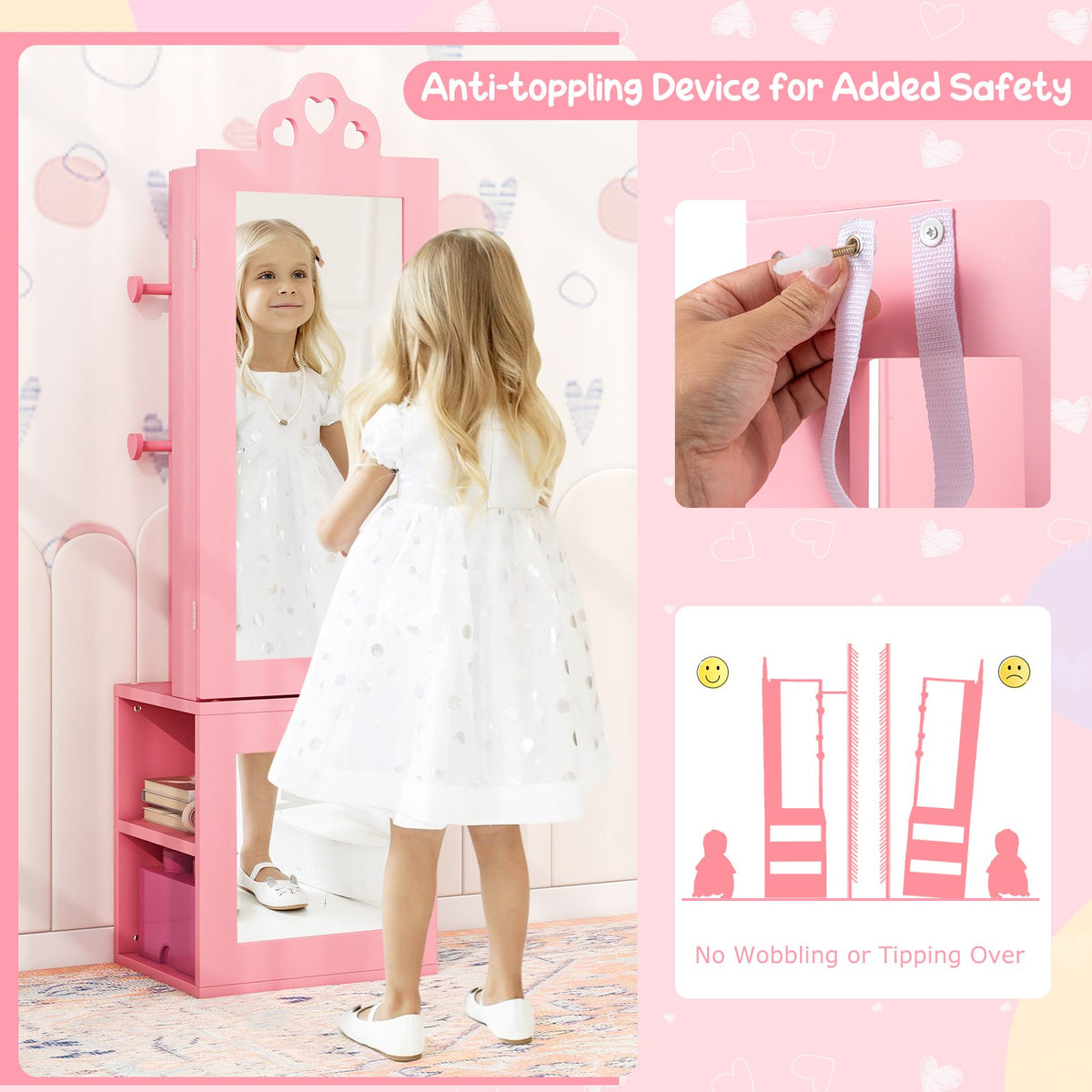 Princess Vanity Table and Stool Set Freestanding Jewelry Cabinet Armoire with Full-Length Mirror-Pink view 9