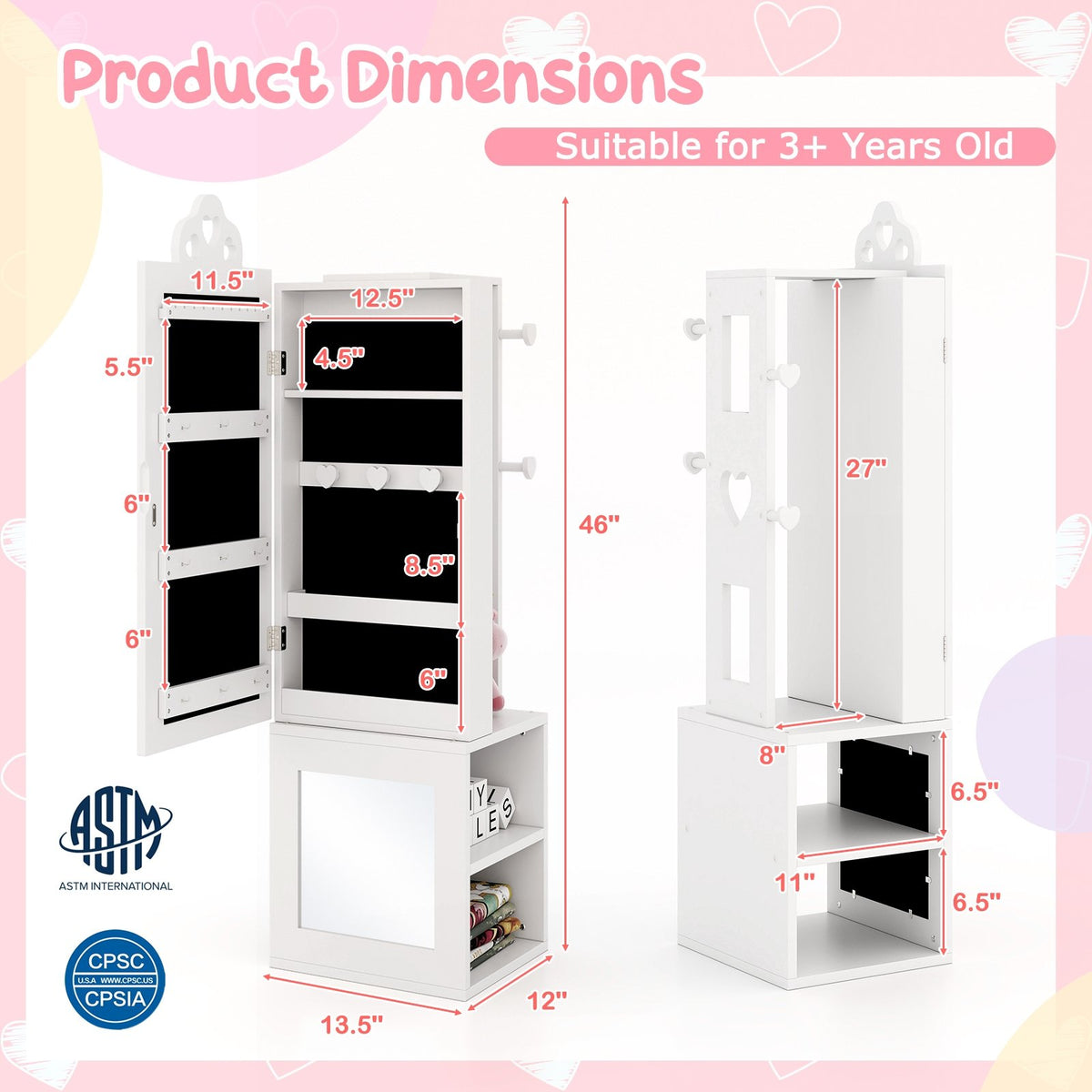 Princess Vanity Table and Stool Set Freestanding Jewelry Cabinet Armoire with Full-Length Mirror-White view 4