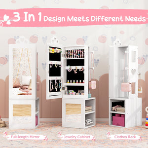 Princess Vanity Table and Stool Set Freestanding Jewelry Cabinet Armoire with Full-Length Mirror-White view 6