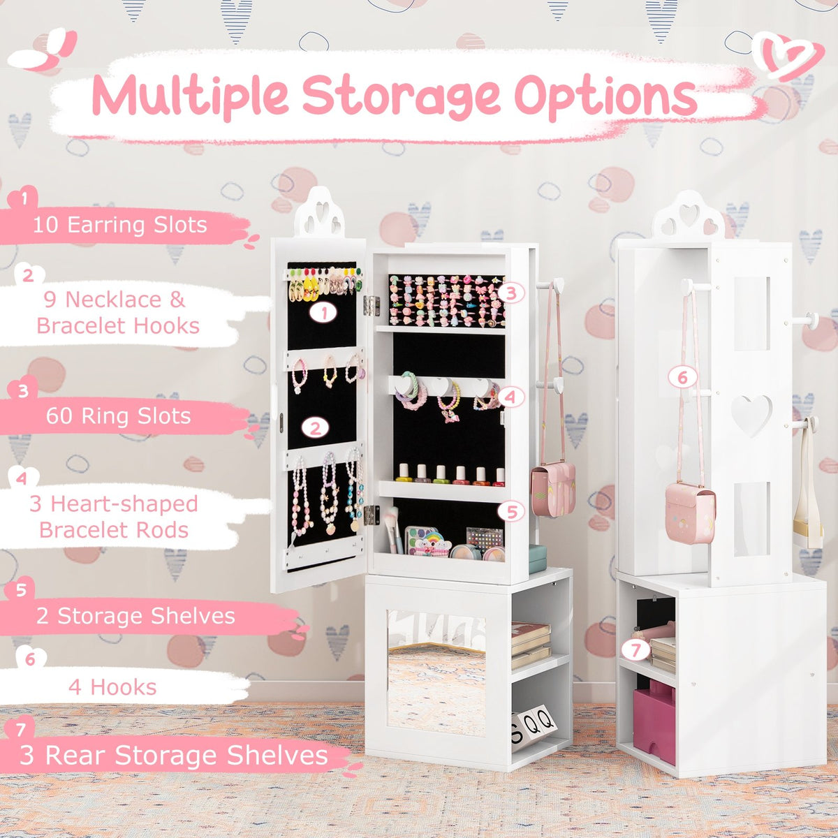 Princess Vanity Table and Stool Set Freestanding Jewelry Cabinet Armoire with Full-Length Mirror-White view 8
