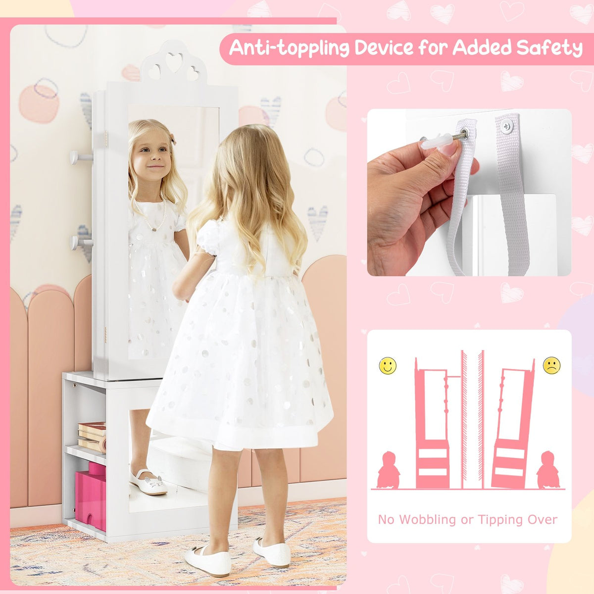Princess Vanity Table and Stool Set Freestanding Jewelry Cabinet Armoire with Full-Length Mirror-White view 9