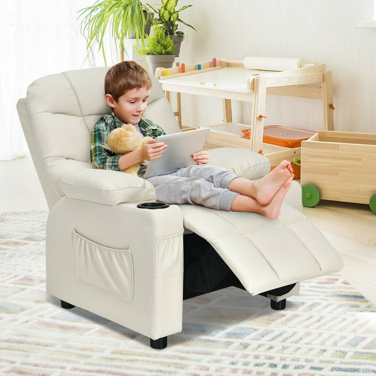 Kids Recliner Chair with Cup Holder and Footrest for Children-Beige view 2