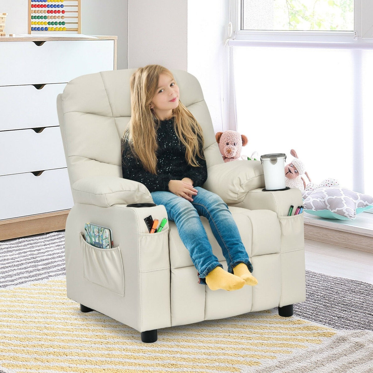 Kids Recliner Chair with Cup Holder and Footrest for Children-Beige view 3