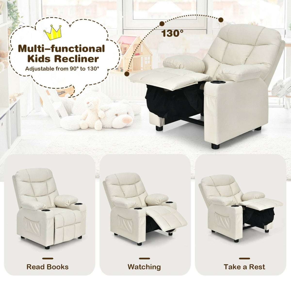 Kids Recliner Chair with Cup Holder and Footrest for Children-Beige view 5