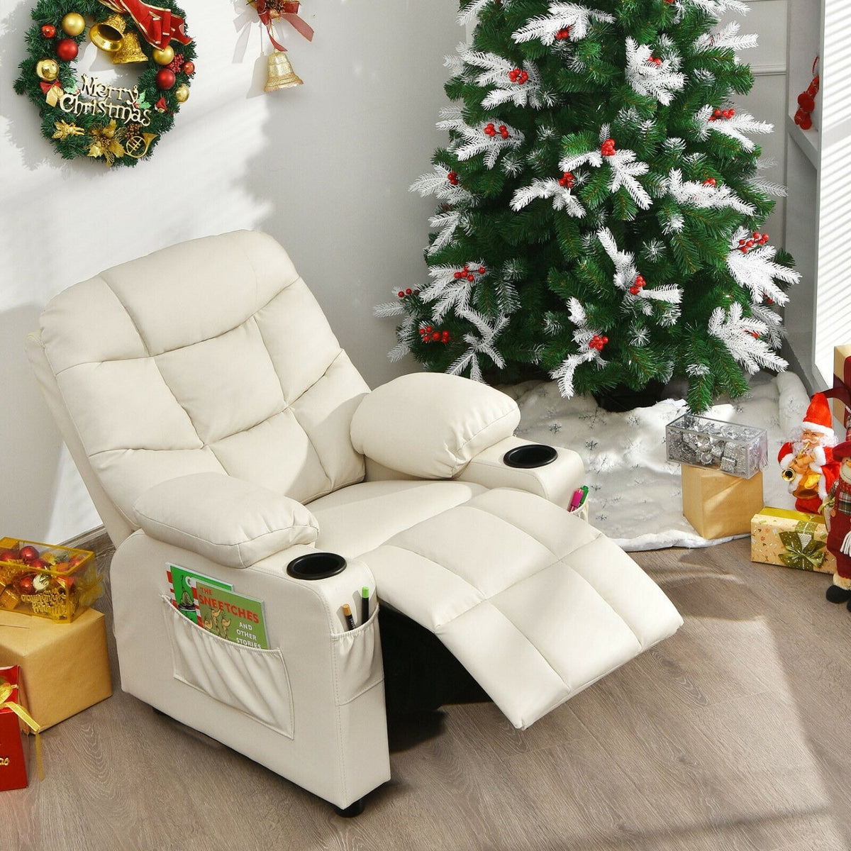 Kids Recliner Chair with Cup Holder and Footrest for Children-Beige view 6