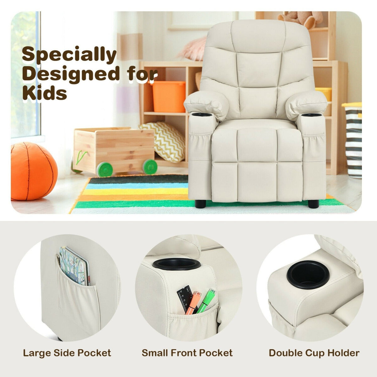 Kids Recliner Chair with Cup Holder and Footrest for Children-Beige view 9