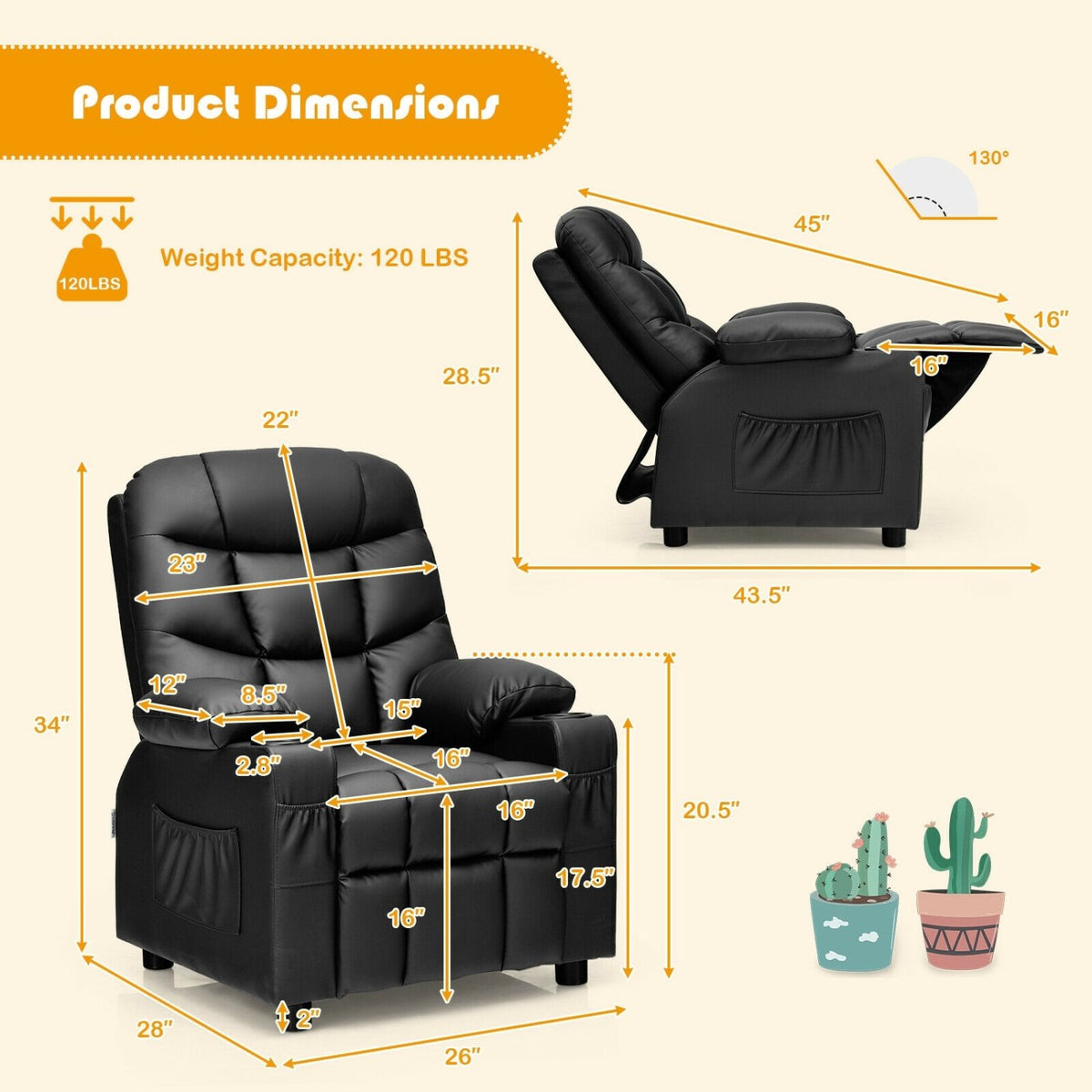 Kids Recliner Chair with Cup Holder and Footrest for Children-Black view 3