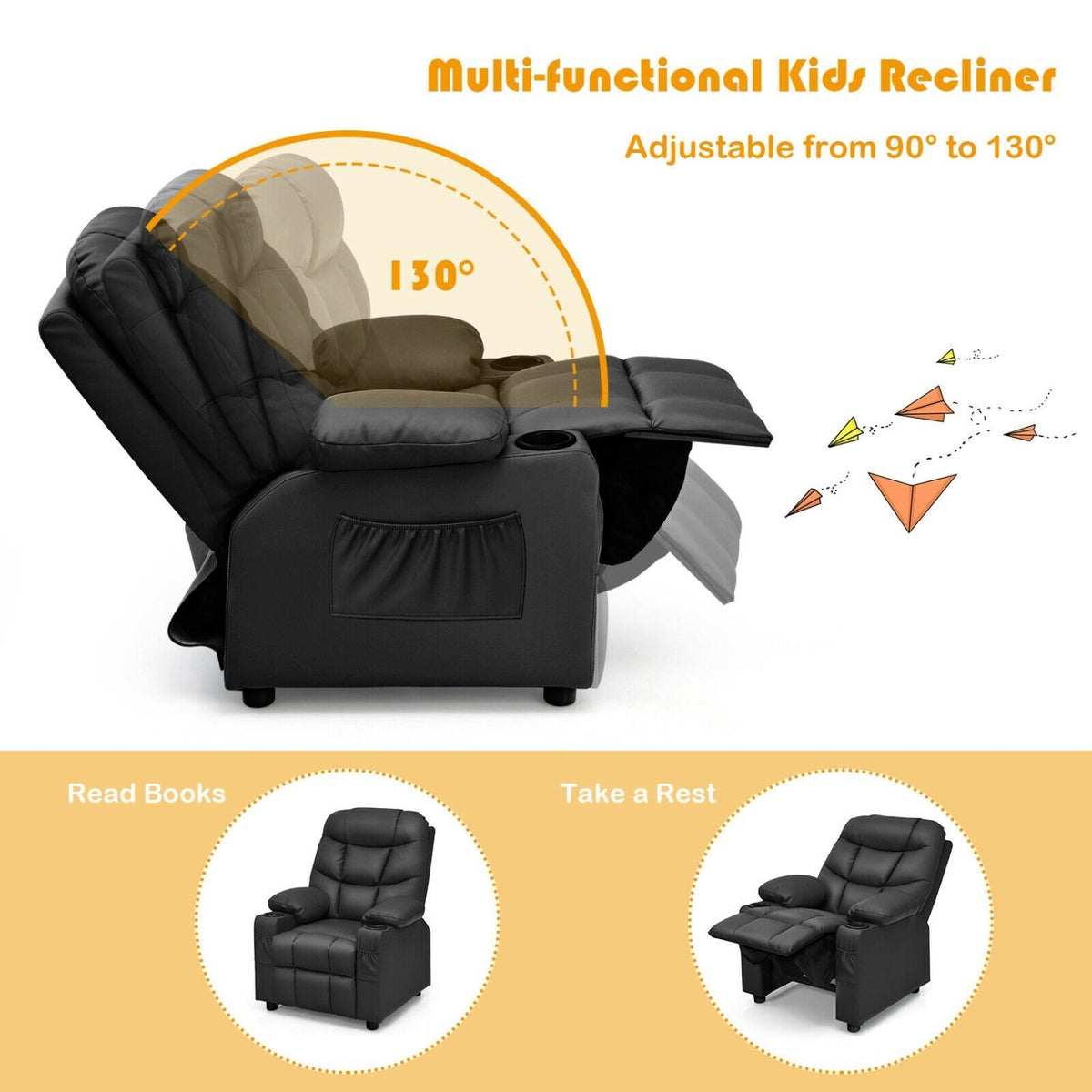 Kids Recliner Chair with Cup Holder and Footrest for Children-Black view 4