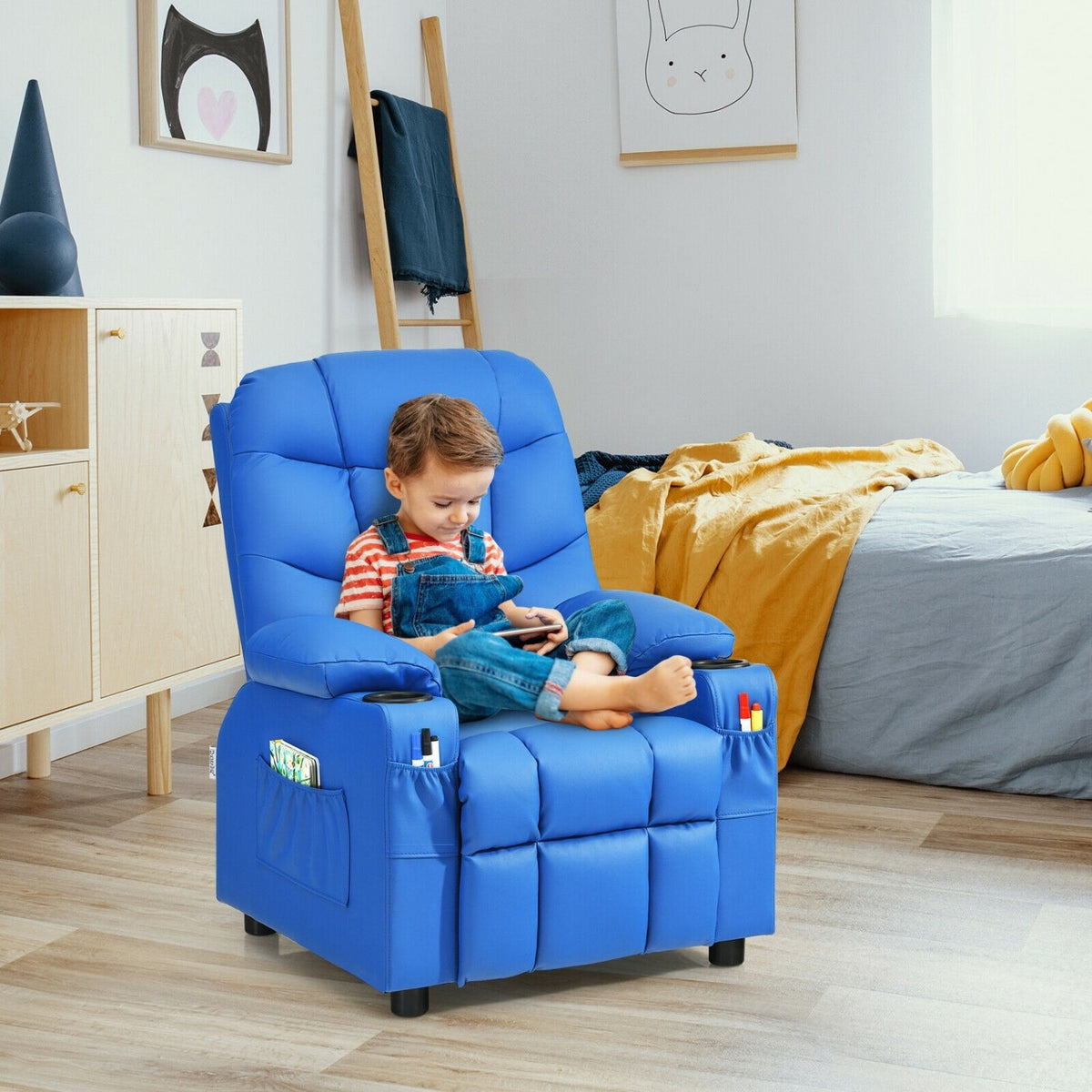 Kids Recliner Chair with Cup Holder and Footrest for Children-Blue view 3