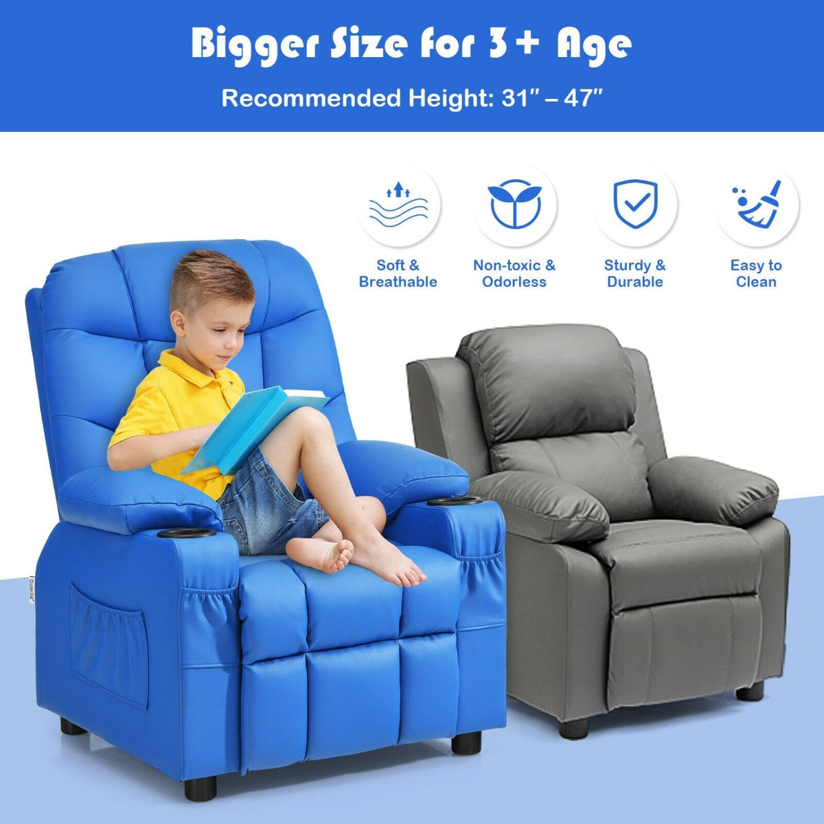 Kids Recliner Chair with Cup Holder and Footrest for Children-Blue view 8